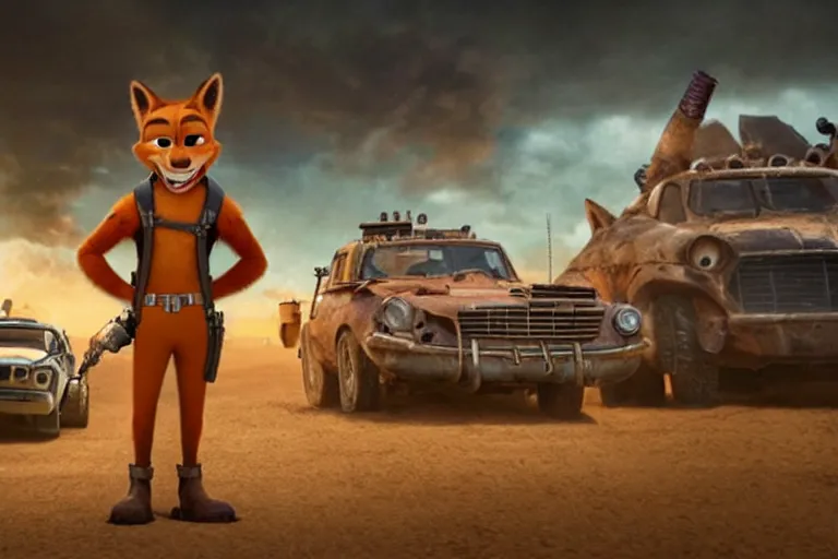 Image similar to nick wilde ( from zootopia ), heavily armed and armored facing down armageddon in a dark and gritty reboot from the makers of mad max : fury road