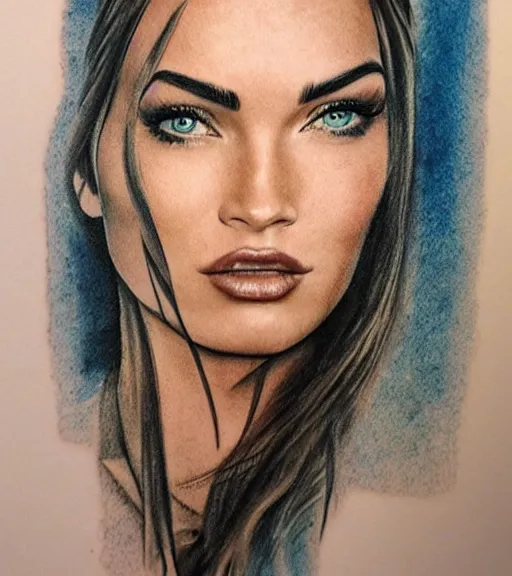 Image similar to realism tattoo sketch of a megan fox face double exposure photoshop with mountain scenery, in the style of matteo pasqualin, amazing detail, sharp, faded