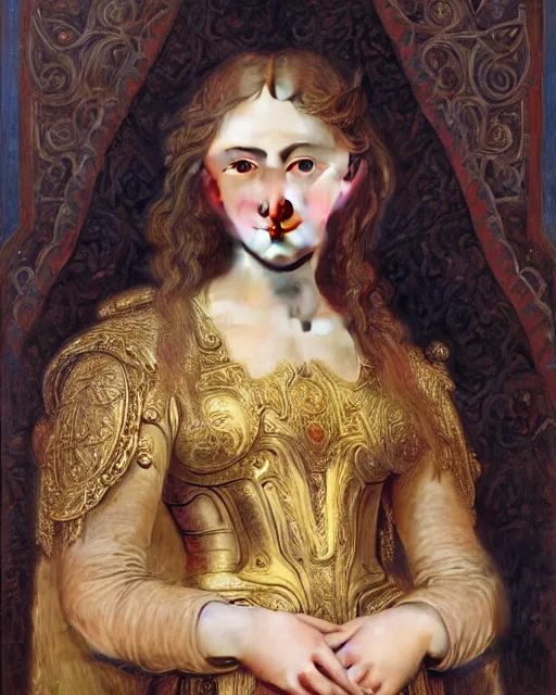 Image similar to a 16-year old girl who resembles Ana de Armas and Saoirse Ronan, dressed in ornate, detailed, intricate golden armor, detailed oil painting by William Adolphe Bouguereau and Donato Giancola