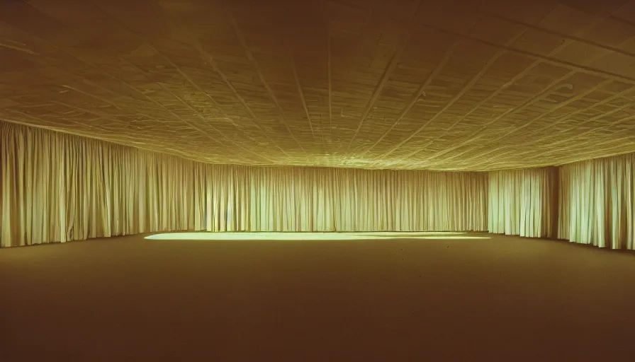 Image similar to 70s movie still of a high ceiling's ballroom , cinestill 800t Technicolor, heavy grain, high quality, criterion collection, liminal space style