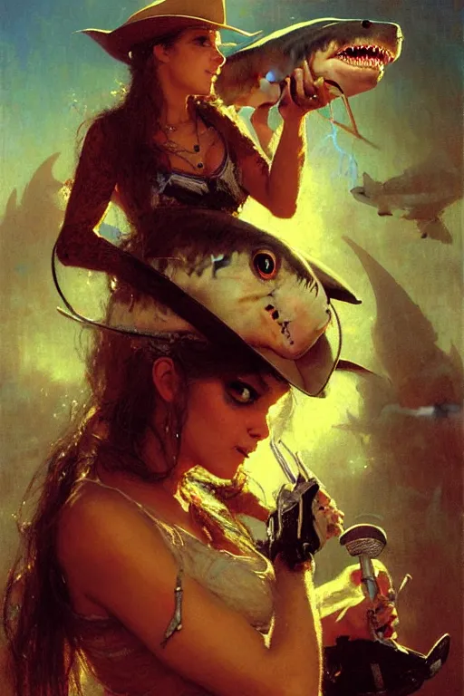 Image similar to small shark woman who is also a drunk cowboy singing karaoke portrait dnd, painting by gaston bussiere, craig mullins, greg rutkowski, yoji shinkawa