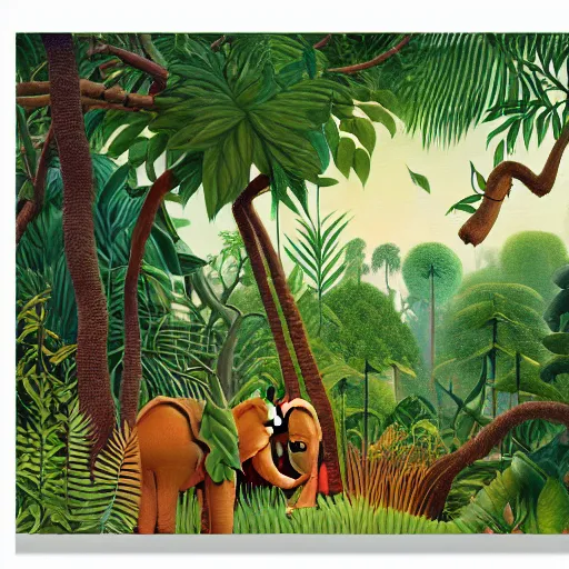 Prompt: a jungle scenery with elephants by henri rousseau and thomas kinkade and james gilleard