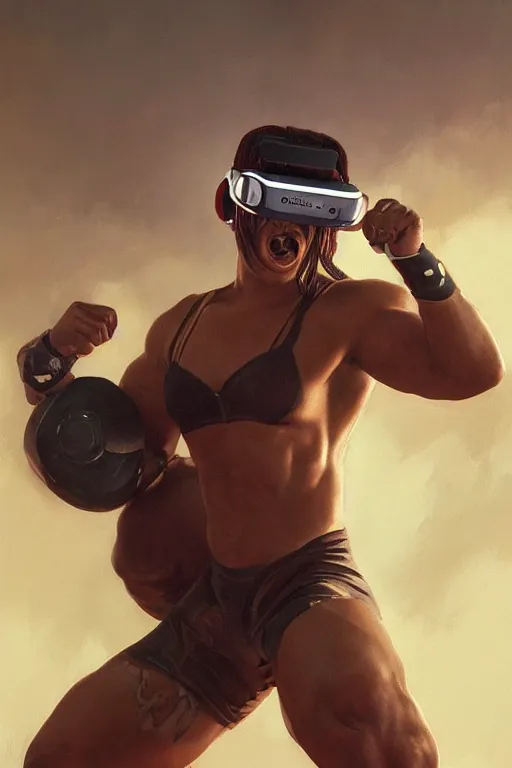 Prompt: painting of a wrestler character wearing vr goggles, shrugging arms, ultra realistic, sharp details, subsurface scattering, intricate details, warm lighting, beautiful features, highly detailed, photorealistic, octane render, 8 k, unreal engine, art by artgerm and greg rutkowski and alphonse mucha
