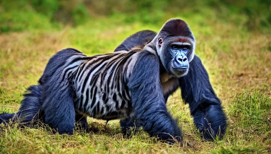 Image similar to a gorilla tiger!!! hybrid! hyper realistic!! realistic lighting!! wildlife photographer of the year!!! bold natural colors, national geographic, hd, wide angle, 8 k