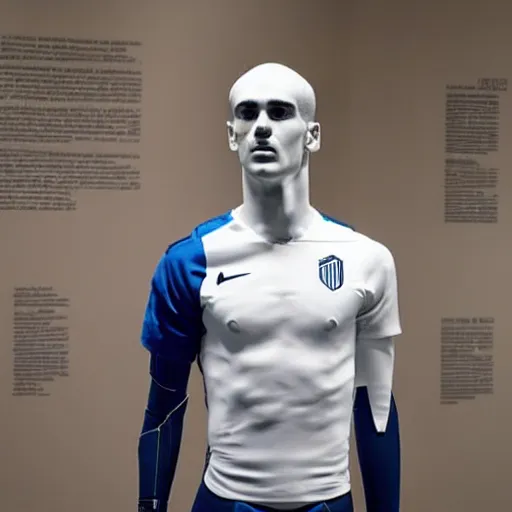 Image similar to “ a realistic detailed photo of a guy who is an attractive humanoid who is half robot and half humanoid, who is a male android, soccer player antoine griezmann, shiny skin, posing like a statue, blank stare, at the museum, on display ”