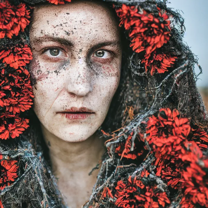 Prompt: a closeup portrait of a woman wearing a hooded cloak made of zinnias and barbed wire, in a derelict house, by Helen Warner, natural light, detailed face, CANON Eos C300, ƒ1.8, 35mm, 8K, medium-format print