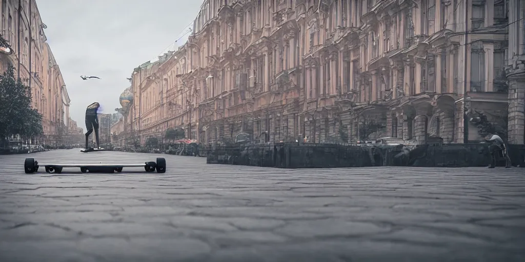 Image similar to cinematic street shot of a hoverboard flying floating city saint petersburg city, telephoto, anamorphic cinematography, beautiful composition, color theory, leading lines, photorealistic, moody volumetric lighting