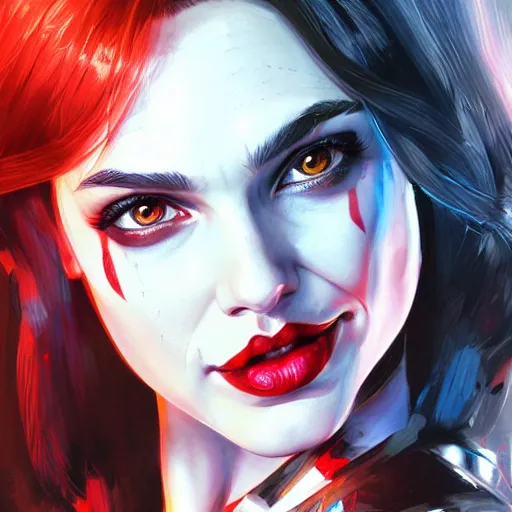 Image similar to a potrait of face of gal gadot as Harley Quinn, by Stanley Artgerm Lau, WLOP, Rossdraws, James Jean, Andrei Riabovitchev, Marc Simonetti, Yoshitaka Amano, ArtStation, CGSociety, Full body shot