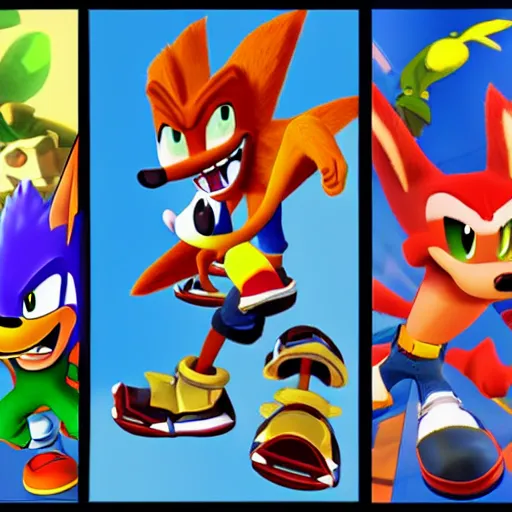 Image similar to crash bandicoot bros kirby super star ultra sonic the hedgehog gta style ratchet and clank