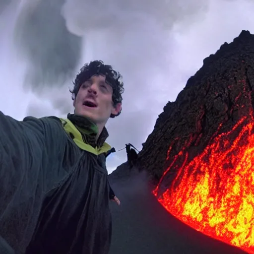 Image similar to Frodo taking a selfie after destroying the one ring inside Mount Doom. Fiery lava is flying through the air on both sides. photograph, go pro, fire , lava, self portrait.