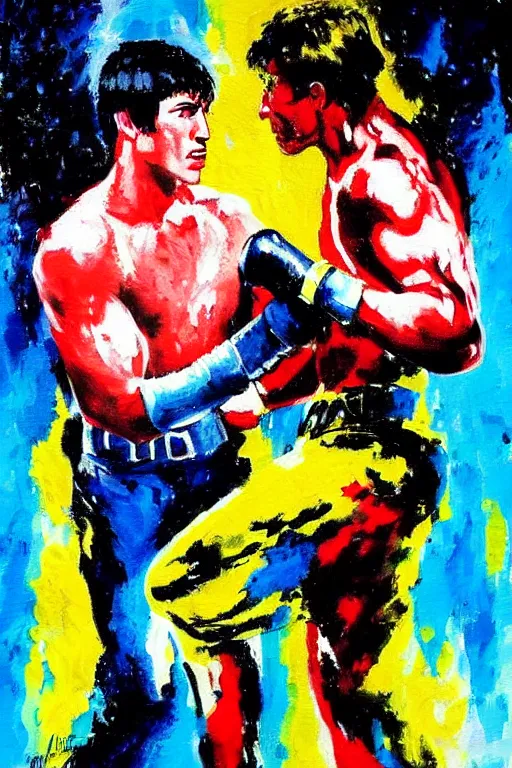 Prompt: fight between rocky balboa and terminator t 1 0 0 0, painting in the style of leroy neiman