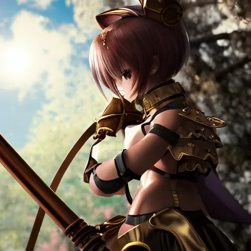 Image similar to smug anime girl with steampunk armor slicing in half a training dummy with a steampunk sword, extremely detailed, cinematic lighting, low angle, particles, clouds, trees,