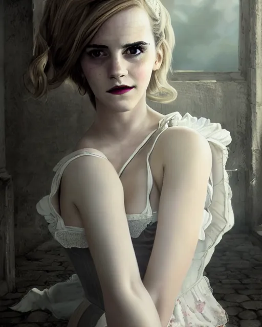 Image similar to full shot portrait painting of very beautiful emma watson standing as white maiden in revealing stockings corset noir streets, character design by mark ryden and pixar and hayao miyazaki, unreal 5, daz, hyperrealistic, octane render, cosplay, rpg portrait, dynamic lighting, intricate detail, cinematic