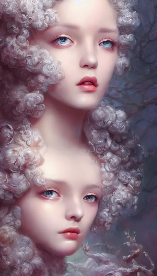 Prompt: pop surrealism, rococo, baroque hair, angelic young female seductive - fine - face, pretty face, key visual, realistic shaded perfect face, fine details by stanley artgerm lau, wlop, nekro, james jean, andrei riabovitchev, marc simonetti, and sakimichan, trending on artstation