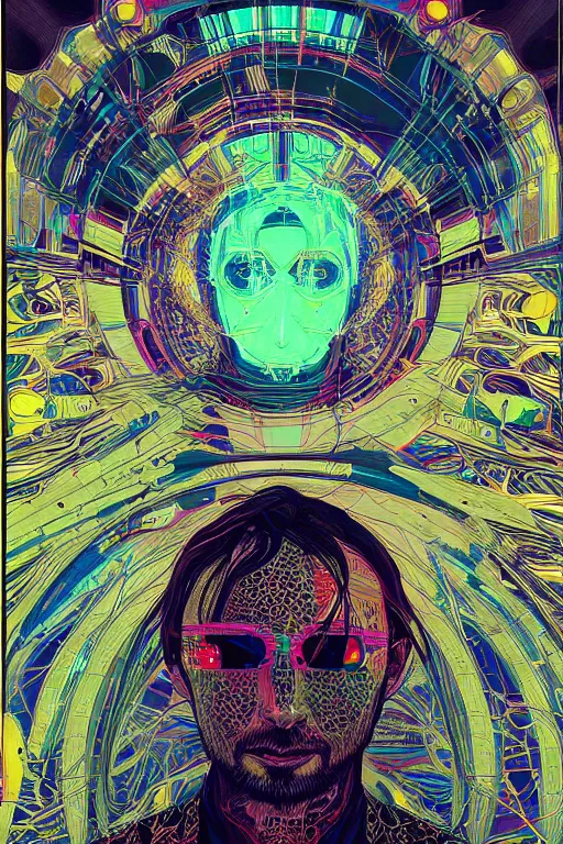 Prompt: A portrait of Thom Yorke as a cyberpunk android, iridescent highlights, surrounded by digital swirls, highly detailed, intricate, soft, sci-fi, sharp focus, subsurface scattering, art by Moebius, Alphonse Mucha