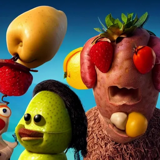 Image similar to giuseppe arcimboldo, potato head, fruit monster, unreal engine, new scifi movie