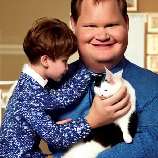 Image similar to Andy Richter wearing a blue dress shirt, necktie, navy dress pants sitting in a chair petting a calico cat