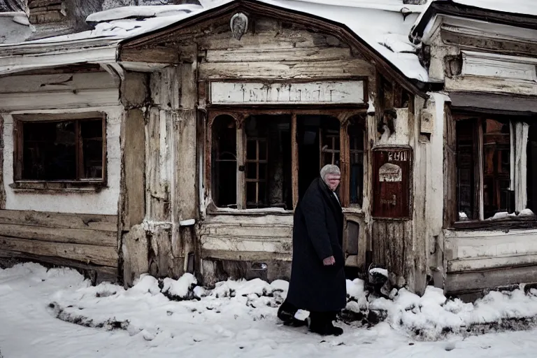 Image similar to cinematography old Russian men entering old bar in Russia showing. by Emmanuel Lubezki