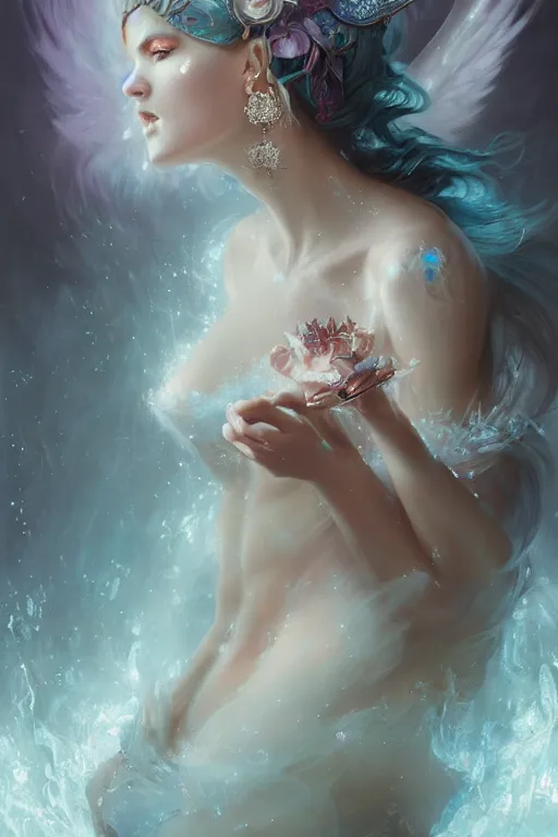 Image similar to beautiful princess floating on water with face covered with diamonds wearing frost velvet, diamonds, angel, fantasy, dramatic lighting, highly detailed, digital painting, magic the gathering, hyper detailed, 3 d render, hyper realistic detailed portrait, peter mohrbacher, wlop, ruan jia