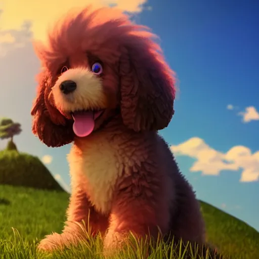 Image similar to a wholesome animation key shot of a bernedoodle on a hill, fluffy pink anime clouds, studio ghibli, pixar animation, sharp, rendered in unreal engine 5, anime key art, bloom, dramatic lighting