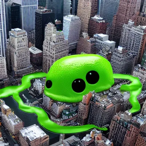 Image similar to huge slime monsters with one eye attacks new york