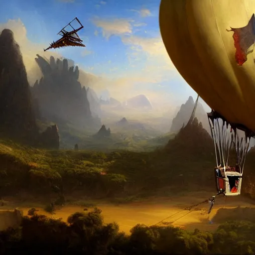 Prompt: a medievalpunk flying vehicle with an air balloon and bat like wings, matte painting, by thomas Cole, James Gurney, Craig mullins, RHADS, Trending on Artstation