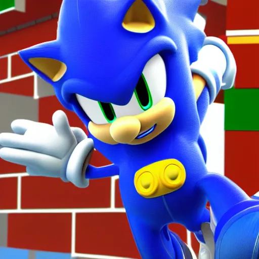 Image similar to a 3 d render of mario wearing a sonic suit, blue spiky hair