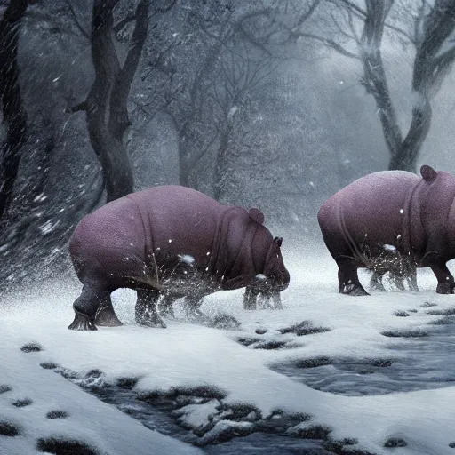 Image similar to fantasy art 4 k photo of hippos in plate mail armor ready for battle in a blizzard