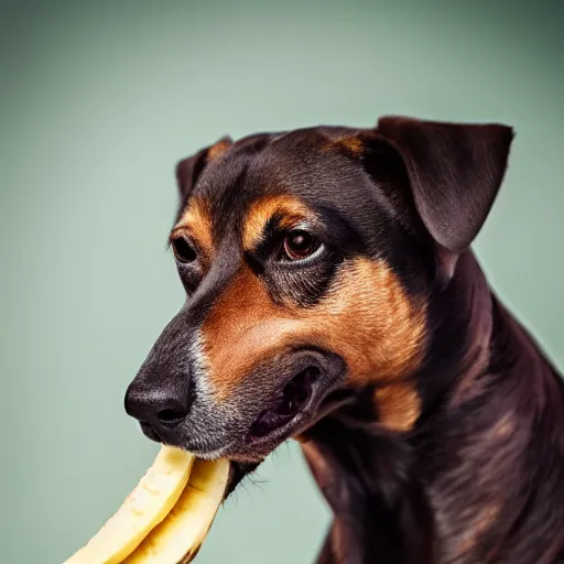 Image similar to A dog eating a banana, (EOS 5DS R, ISO100, f/8, 1/125, 84mm, postprocessed, crisp face, facial features)