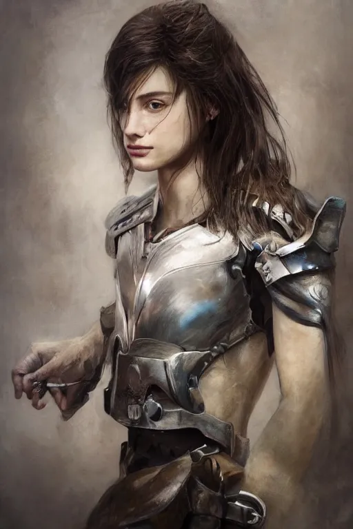 Image similar to a photorealistic painting of an attractive young girl, partially clothed in battle armor, olive skin, long dark hair, beautiful bone structure, symmetrical face, perfect eyes, intricate, elegant, digital painting, concept art, illustration, sharp focus, minimal artifacts, from Metal Gear, in the style of Ruan Jia and Mandy Jurgens, by Greg Rutkowski, trending on Artstation, award winning