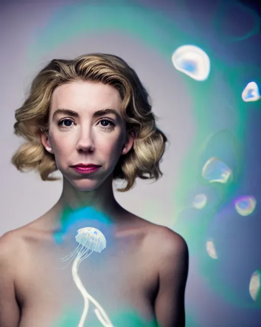 Image similar to annie leibovitz style photoshoot editorial of vanessa kirby as sue storm, the invisible woman from the fantastic four, she is wearing a beautiful iridescent shimmering, glowing jellyfish like wedding dress made from her force field powers, hyperreal, magical, translucent, iridescent, studio lighting, soft focus, bokeh, 5 0 mm