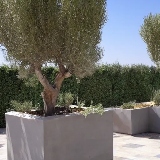 Image similar to large concrete pot on the rooftop, olive trees, comfortable for seating