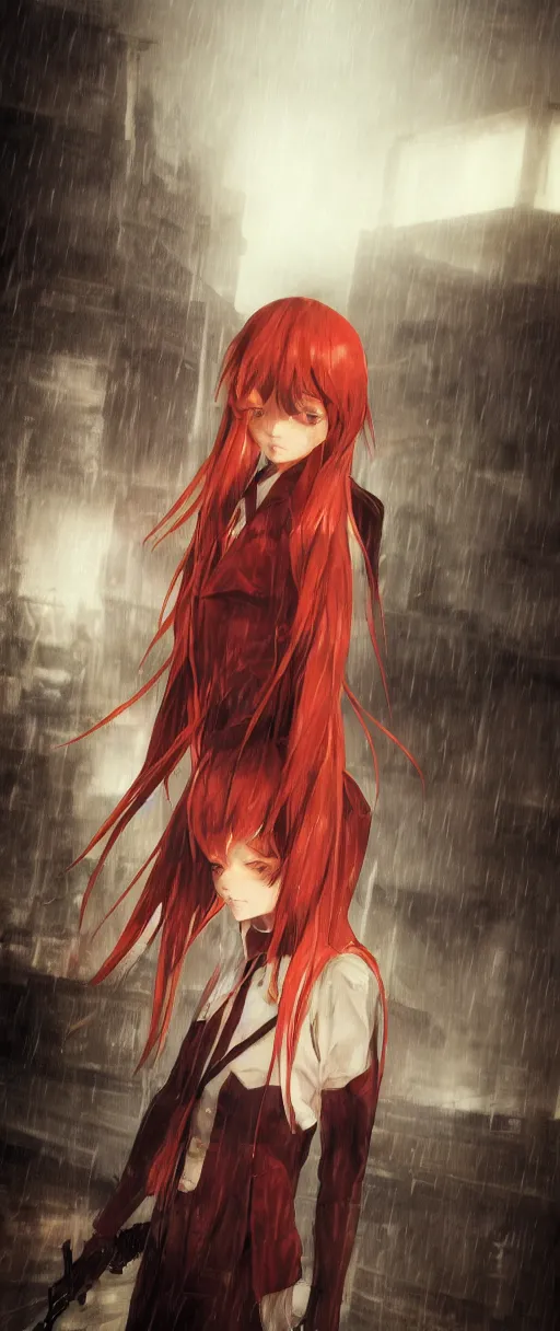 Image similar to asuka langley in a dishonored town, dunwall city, advanced digital art, dishonored aesthetic, cinematic lighting, rainy weather, melancholy atmosphere, artstation, dunwall city, gothic architecture, volumetric light, octane render, dishonored game, dishonored 1, atmosphere or depression and despair, bokeh blur, anime character portrait, cute anime face