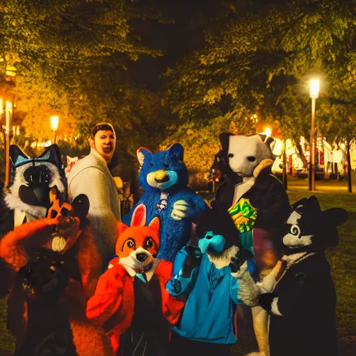 Image similar to photograph of a group or fursuiters at a furry convention in the city park at night, studio photography, f/1.8 cinematic lens