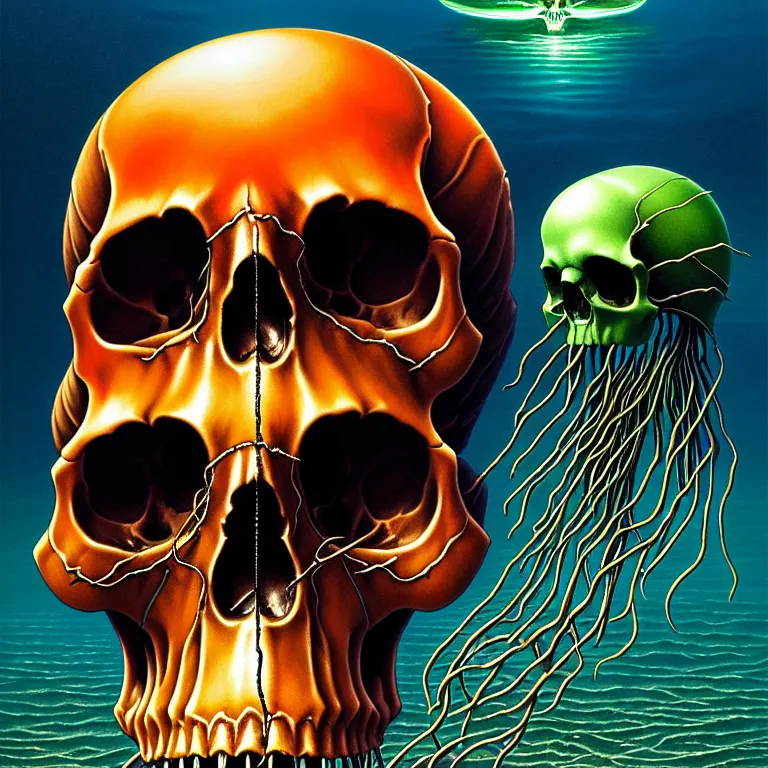 Prompt: a single skull in the sea by dan mumford and vladimir kush and donato giancola and ted withers and peter driben and brom and roberto ferri, glowing red skull, blue jellyfish, green water, highly detailed, high contrast, intricate details, blended palette