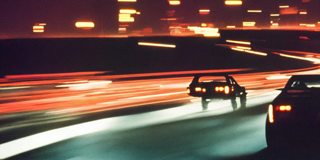 Image similar to 8 0 s movie still, high speed car chase on the highway at night with bright city in background, medium format color photography, 8 k resolution, arri 3 5 mm cinema, hyperrealistic, photorealistic, high definition, highly detailed, tehnicolor, anamorphic lens, award - winning photography, masterpiece