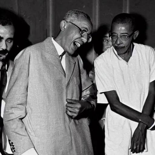 Image similar to Barack Obama having a rap battle against Ghandi, historical photo, 1962