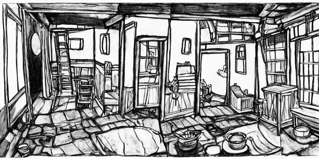 Image similar to studio Ghibli, the interior of a small cottage, black and white drawing