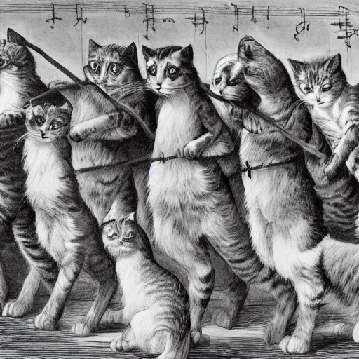 Image similar to March of Progress by Rudolph Zallinger with cats, illustration, monochrome