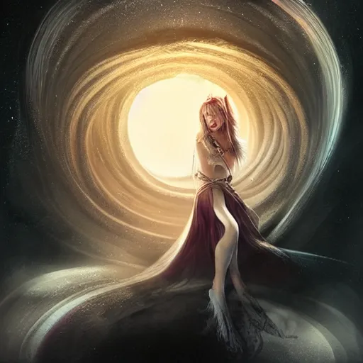 Image similar to Viking princess inside a black hole. Realistic live action by Anna dittmann