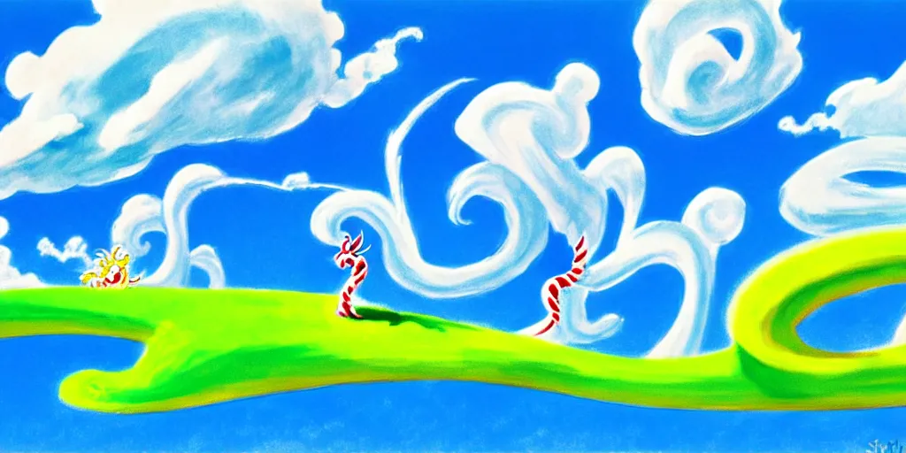 Image similar to cartoon concept art, clean blue sky, spiral clouds, from dr. seuss