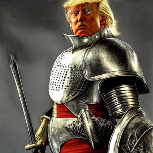 Prompt: cinematic front shot, donald trump as a knight, shinning armor, knights armor, donald trumps sexy face, intimidating pose, donald trump wearing a crown, by hans thoma