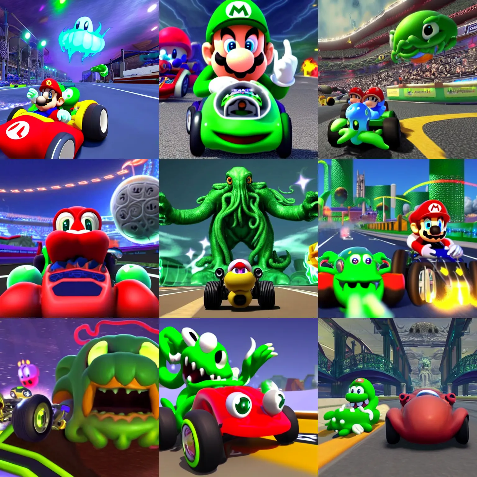 Prompt: still image of cthulhu in mario kart, unreal engine