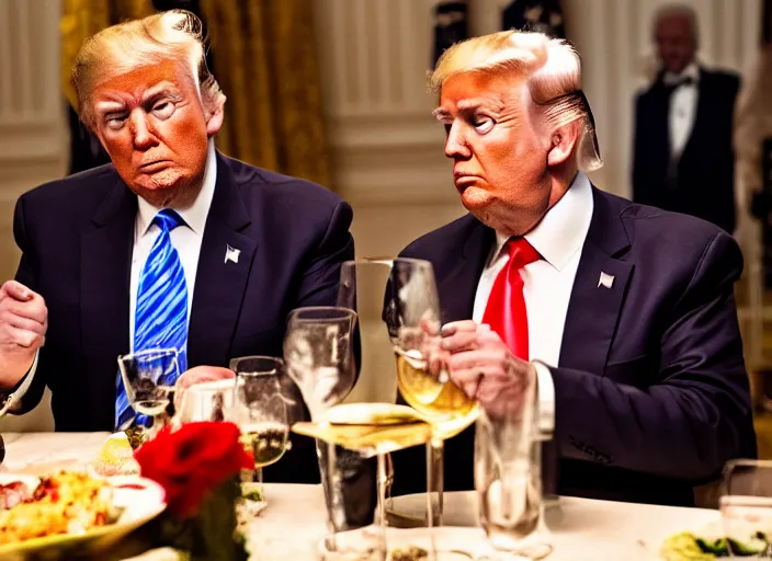 Image similar to Trump and Biden having dinner at a fancy Greek restaurant, award winning cinematic photography, 50 mm, blurred background, trending on twitter