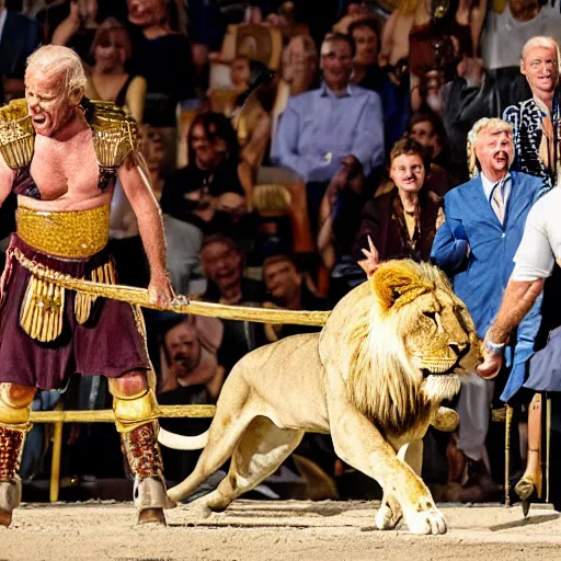 Prompt: joe biden as a gladiator fighting a lion in the coliseum, award winning action photography