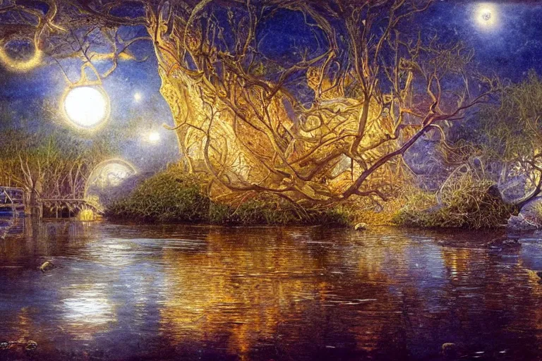 Image similar to A Mystic River, The River Is Full of Lights, Mysticism, Artwork, Watercolor, Cinematic, Exposure, Slit-Scan Photography, 4k, Ultra-HD, Incandescent, Ray Tracing Reflections, insanely detailed and intricate, elegant, ornate, hyper realistic, super detailed by Dorothea Tanning, by Bruce Pennington