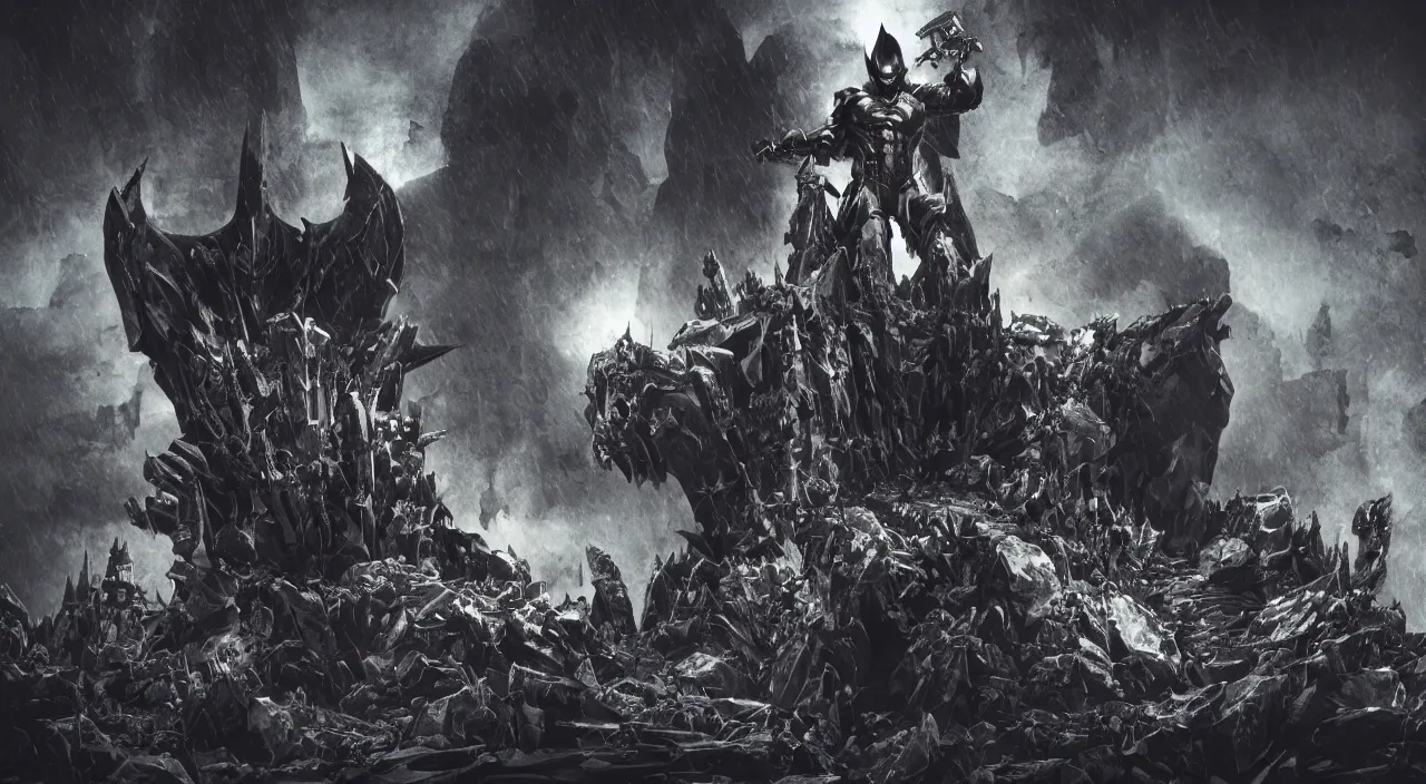 Image similar to deathmetal batman sitting on a throne of skulls, dark cinematic cave environment with hard rim lights and volumetric atmosphere