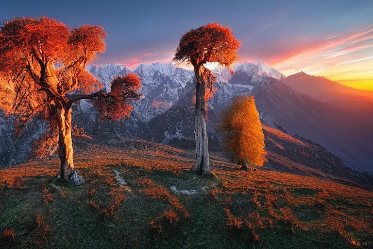 Prompt: A beautiful landscape photography of Caucasus mountains, a dead intricate tree in the foreground, sunset, dramatic lighting by Marc Adamus,