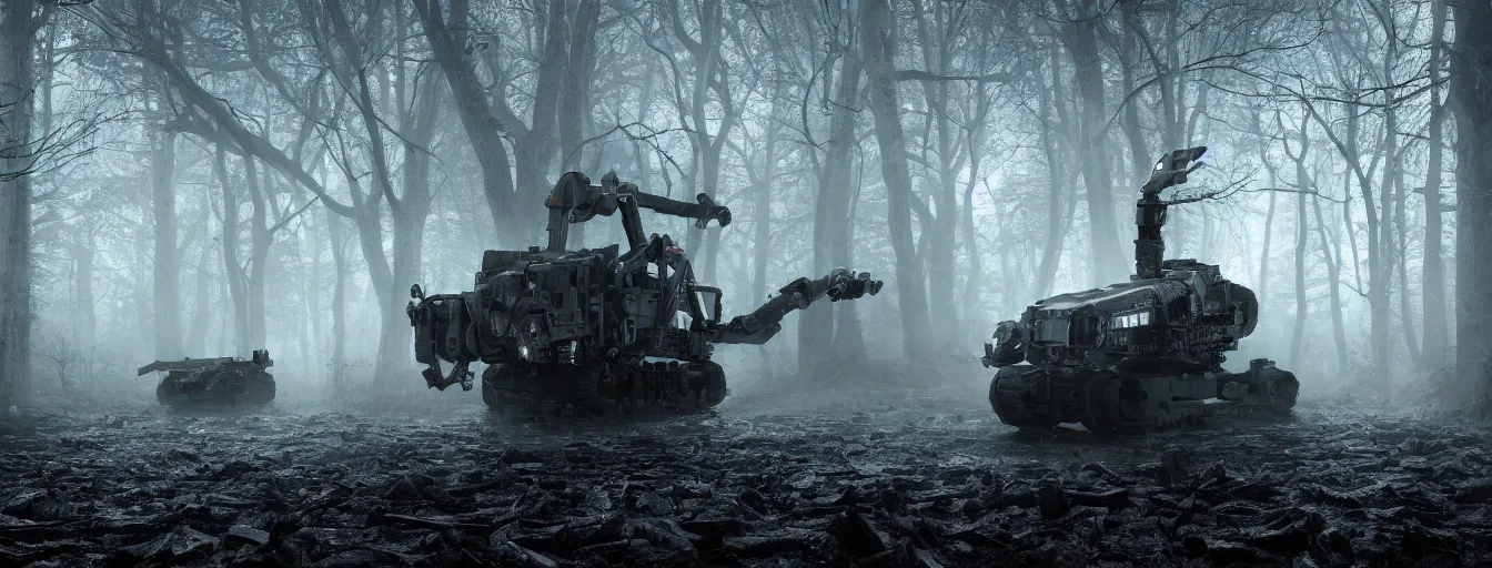 Image similar to detail view on heavy army robot hunting remaining human in dark foggy old forest in the night, postapo, dystopia style, heavy rain, reflections, high detail, horror dramatic moment, motion blur, dense ground fog, dark atmosphere, saturated colors, by darek zabrocki, render in unreal engine - h 7 0 4