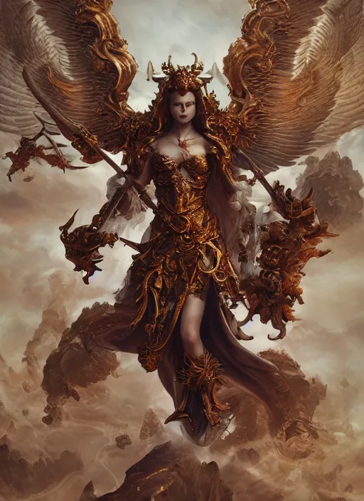 Prompt: high intricate porcelain baroque angelic warrior flying over a vast sea of hell demons, maria panfilova, andrea savchenko, mike kime, ludovic plouffe, qi sheng luo, oliver cook, trending on artstation